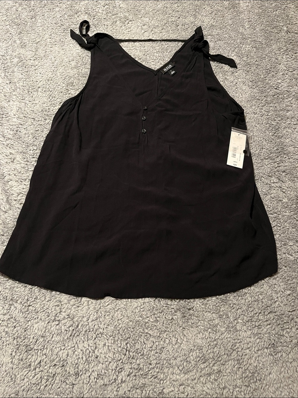 NWT a.n.a. Black Tie-Shoulder Tank V-Neck 3 button Sleeveless Top Blouse Size L